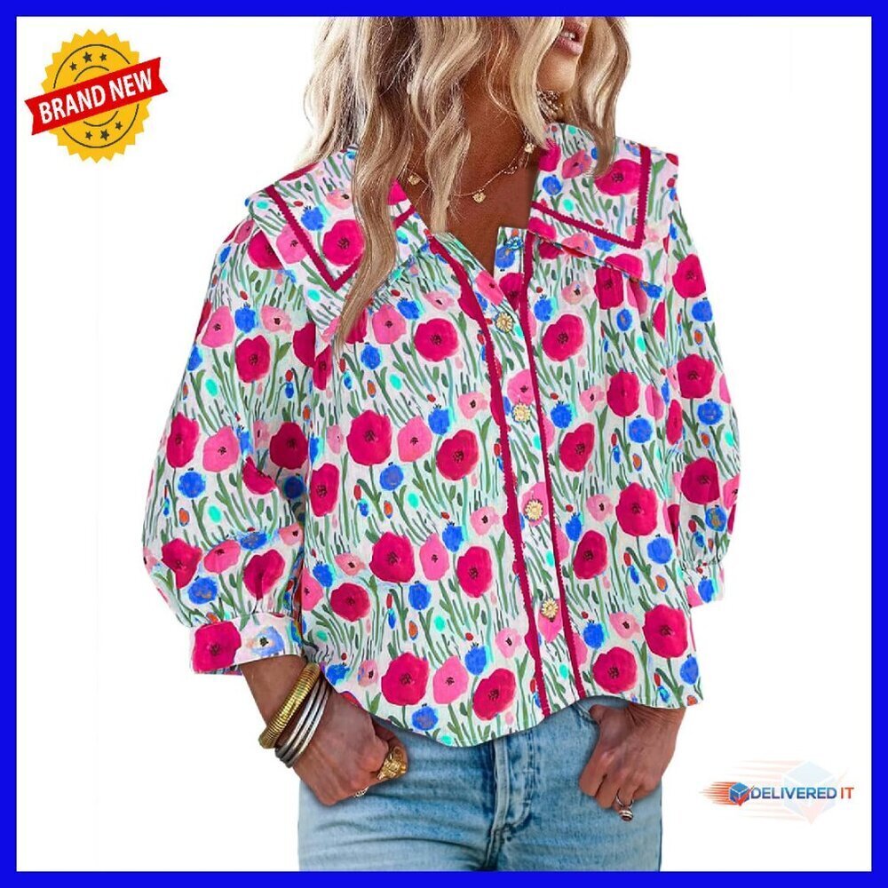 Floral Button Down Blouse 3/4 Sleeve Square Neck Collared Top